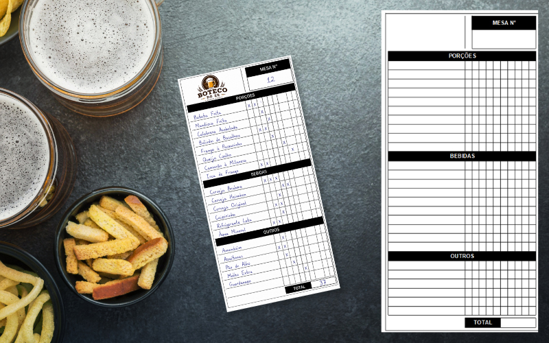 Comanda de bar para imprimir Comanda de bar para imprimir com categorias de porções, bebidas e outros