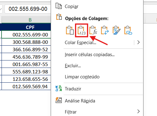Colar os CPFs como valores Colar valores no Excel