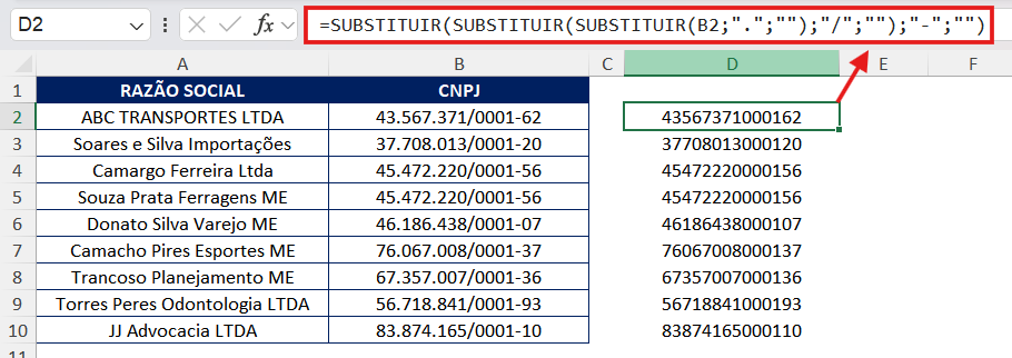 Resultado da remoção dos caracteres do CNPJ CNPJs sem pontos, barra e traço no Excel