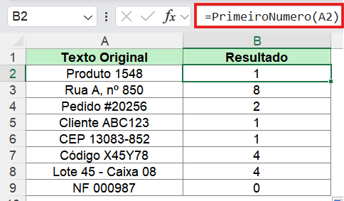 Função para extrair números de um texto no Excel