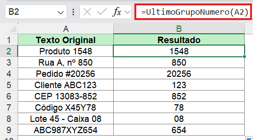 Extrair o último grupo de números de um texto