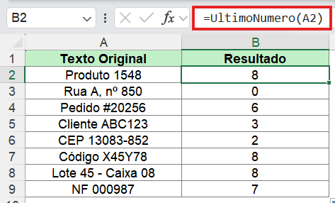 Extrair o último número de um texto no Excel