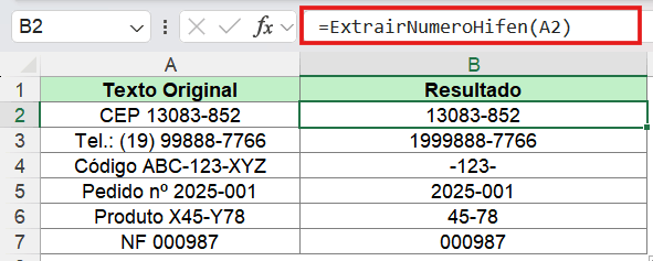 Extrair números preservando hífens no Excel
