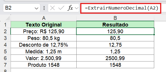 Extrair número decimal de um texto no Excel