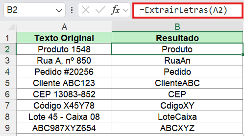 Resultado da função que remove os números do texto