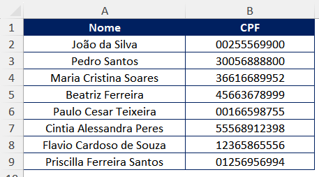 Lista de CPFs após remover pontos e traço Lista de CPFs sem pontos no Excel
