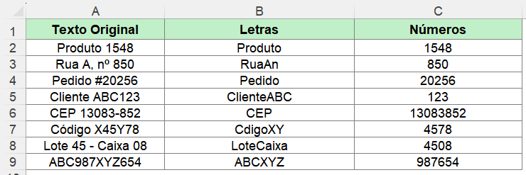 Separação de letras e números em colunas diferentes