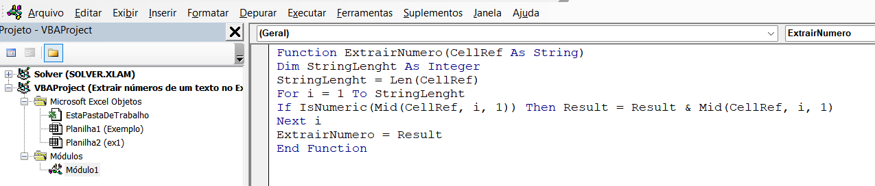 Código VBA para extrair números de um texto no Excel