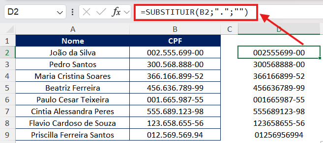 Resultado da remoção dos pontos do CPF CPF sem pontos no Excel