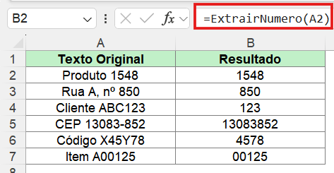 Resultado da função ExtrairNumero no Excel