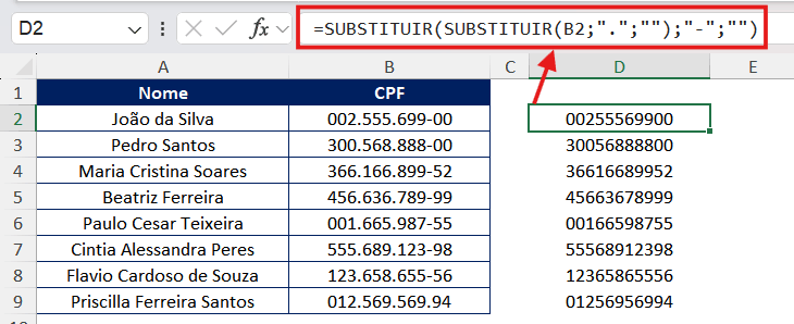 CPF sem pontos e traço usando SUBSTITUIR CPF sem pontos e traço no Excel