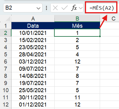 Como converter uma Data em número do Mês no Excel