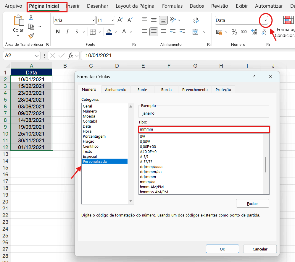 Aplicar formato personalizado em uma data no Excel