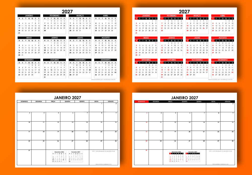 Calendário 2027 preto e branco e colorido em Excel e PDF Calendário 2027 preto e branco e colorido