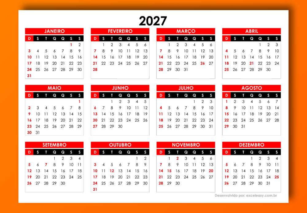 Calendário PDF e Excel 2027 Calendário para imprimir 2027
