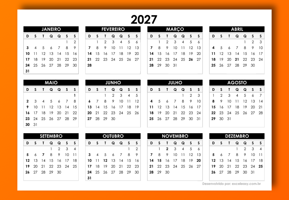 Calendário 2027 preto e branco para impressão Modelo de calendário 2027 para imprimir