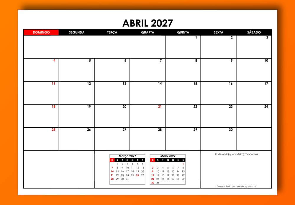 Calendário Abril 2027 em Excel e PDF Calendário Abril 2027 para baixar grátis em PDF e Excel