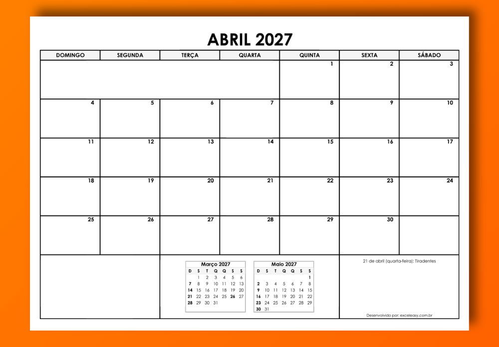 Calendário Abril 2027 para baixar Calendário Abril 2027 em PDF e Excel para baixar e imprimir