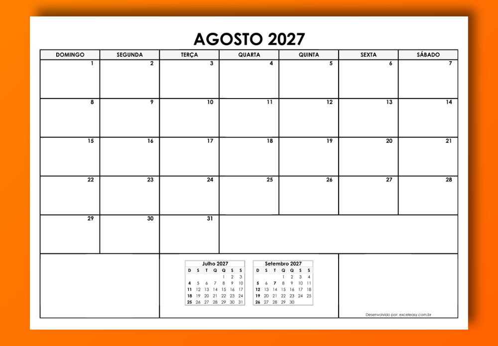 Calendário Agosto 2027 para baixar grátis e imprimir Modelo de Calendário Agosto 2027 para imprimir