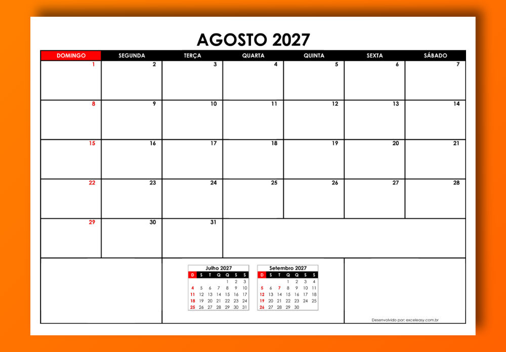 Calendário Agosto 2027 Calendário Agosto 2027 em PDF