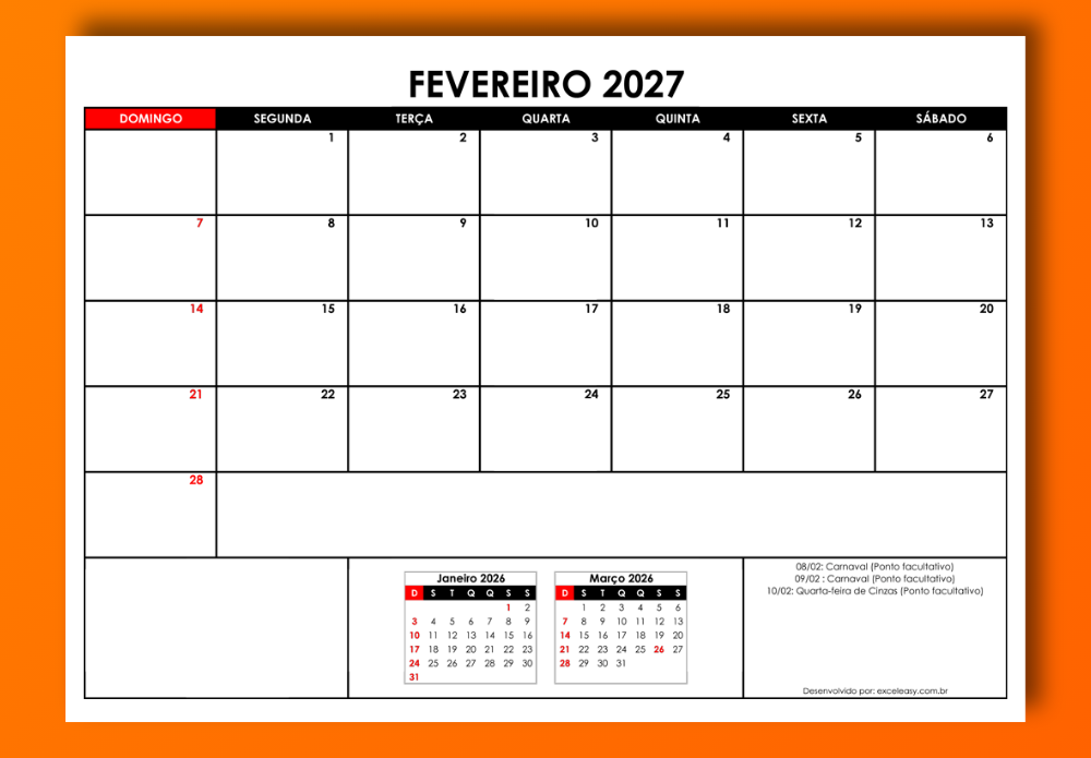 Calendário Fevereiro 2027 modelo para impressão Calendário Fevereiro 2027 em PDF e Excel