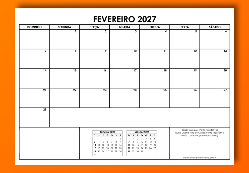 Calendário Fevereiro 2027 para imprimir Calendário Fevereiro 2027 modelo em PDF e Excel