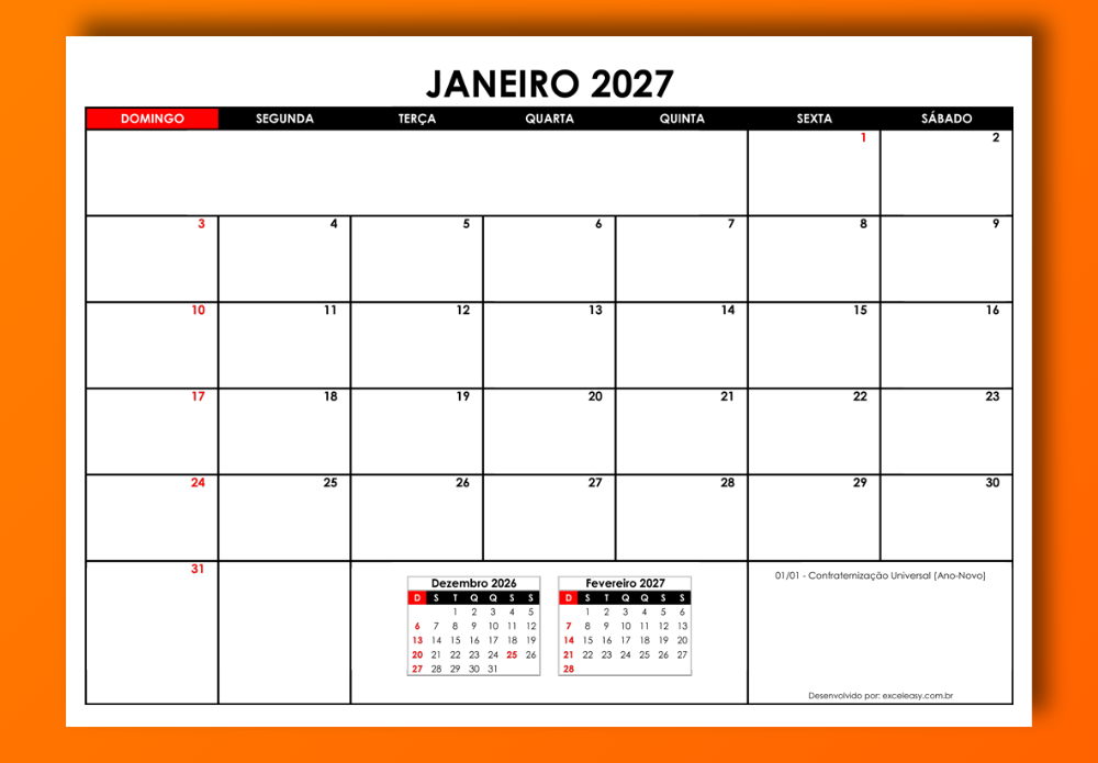 Calendário Janeiro 2027 para impressão Calendário Janeiro 2027 modelo para imprimir