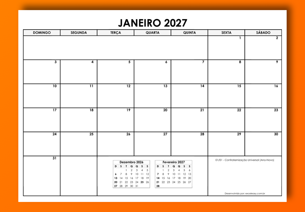 Calendário Janeiro 2027 para imprimir Calendário Janeiro 2027 PDF e Excel