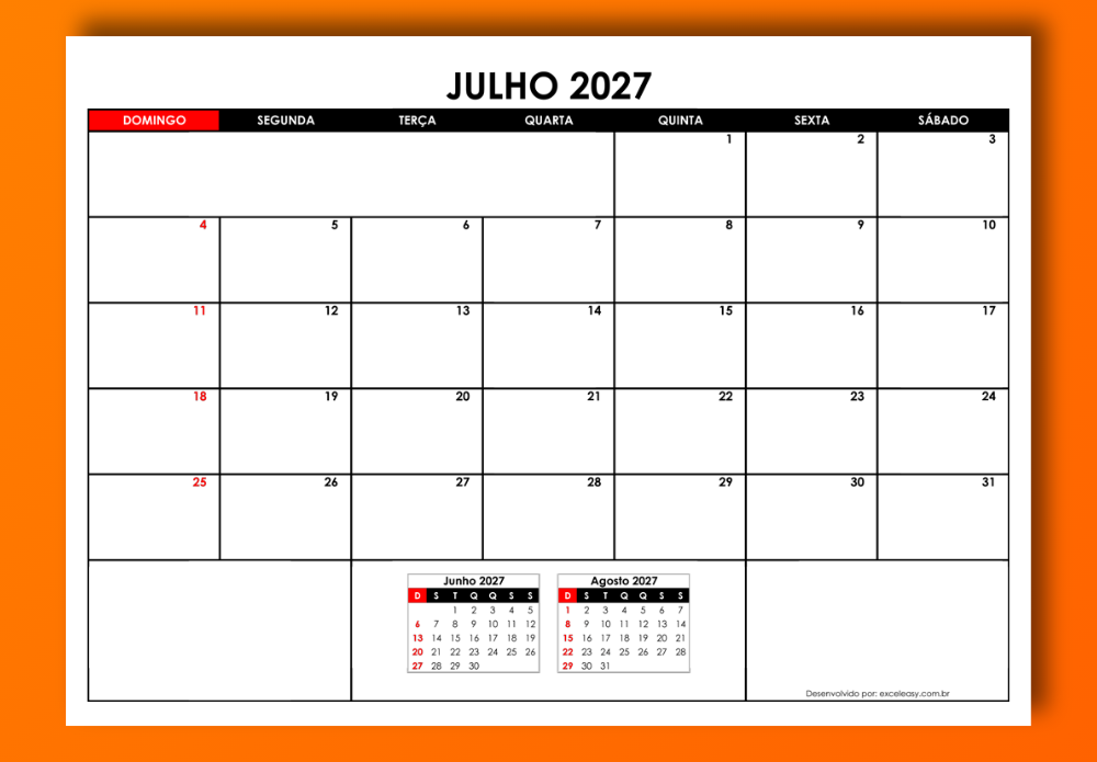 Calendário Julho 2027 para baixar em Excel ou PDF Calendário Julho 2027 em PDF e Excel para imprimir