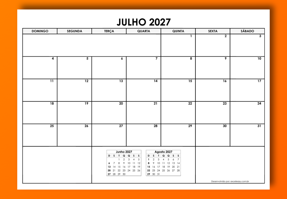 Calendário Julho 2027 para imprimir Modelo de Calendário Julho 2027 para baixar