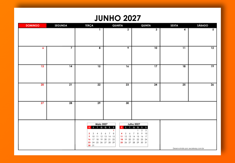 Calendário Junho 2027 para baixar Calendário Junho 2027 versão colorida em Excel e PDF