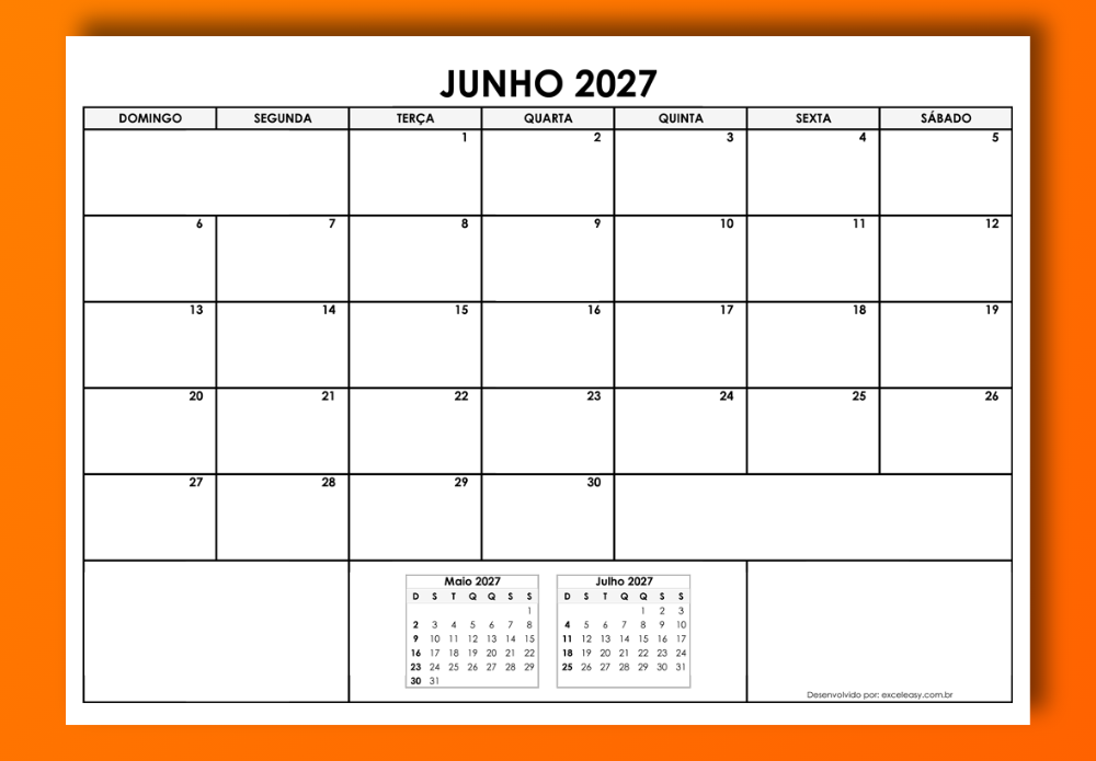 Calendário Junho 2027 para imprimir em Excel e PDF Calendário Junho 2027 para imprimir