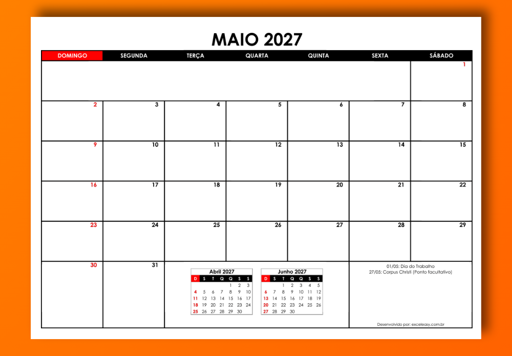 Calendário Maio 2027 em PDF e Excel para baixar Calendário Maio 2027 colorido para imprimir