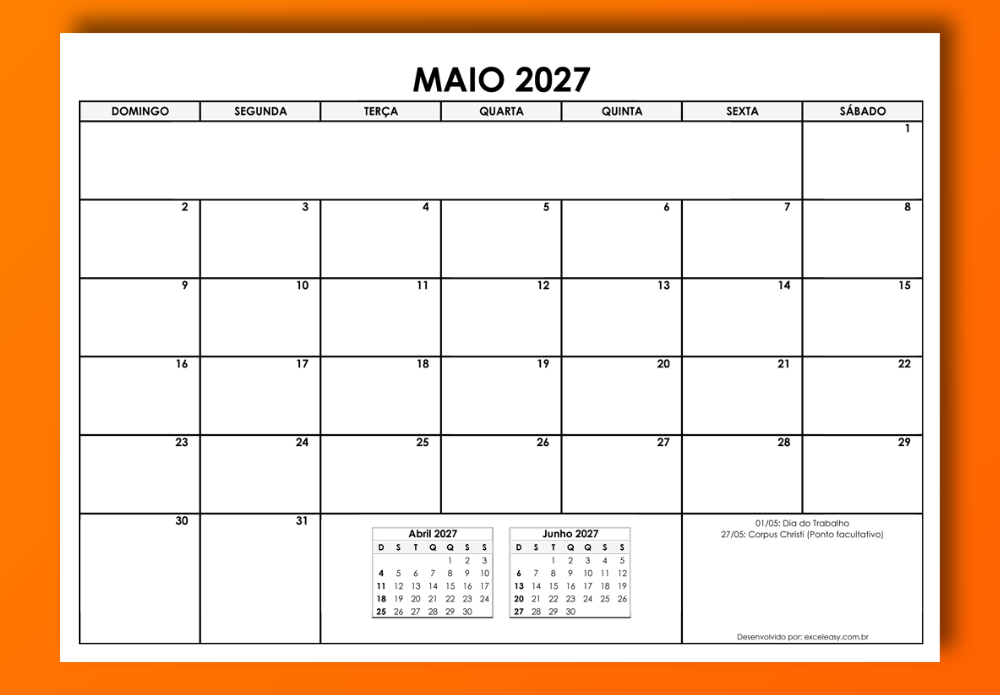 Calendário Maio 2027 em Excel e PDF Calendário Maio 2027 para baixar e imprimir