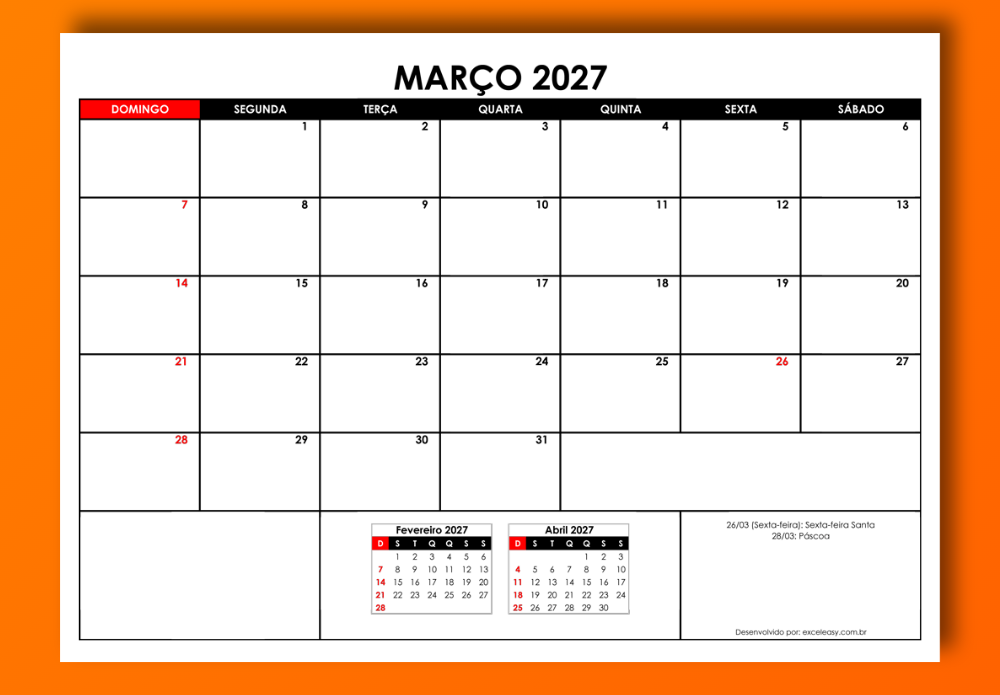 Calendário de Março 2027 para baixar Calendário Março 2027 para impressão A4