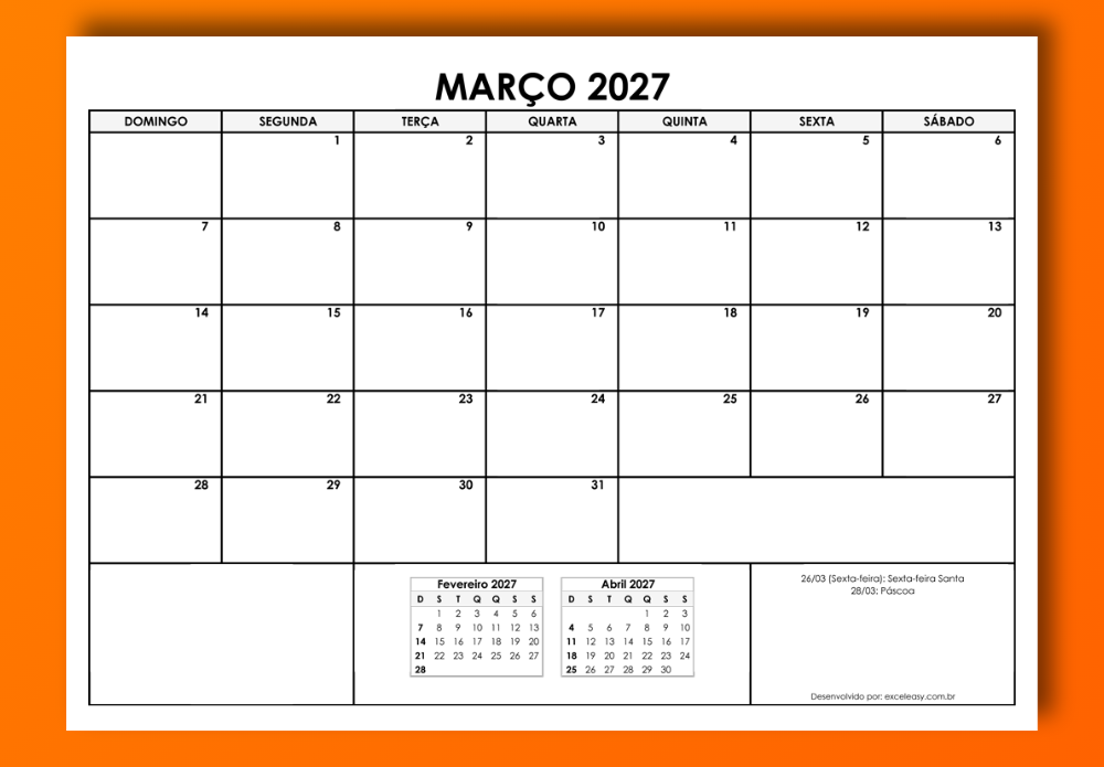 Calendário Março 2027 para imprimir Calendário Março 2027 em PDF