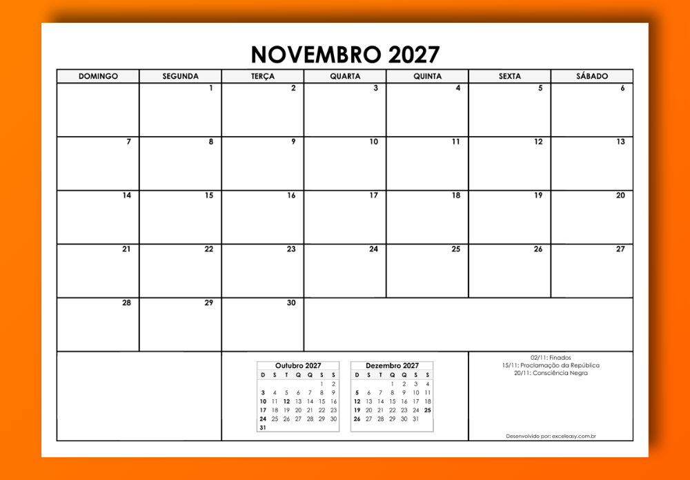Calendário Novembro 2027 para baixar Calendário Novembro 2027 para imprimir
