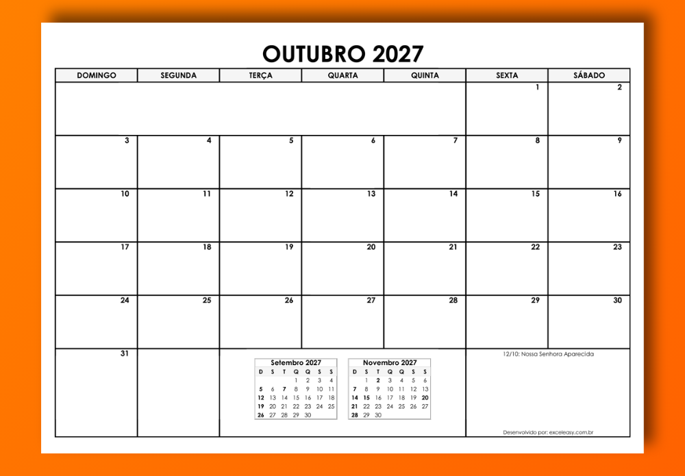 Calendário Outubro 2027 para baixar e imprimir Calendário Outubro 2027 para imprimir