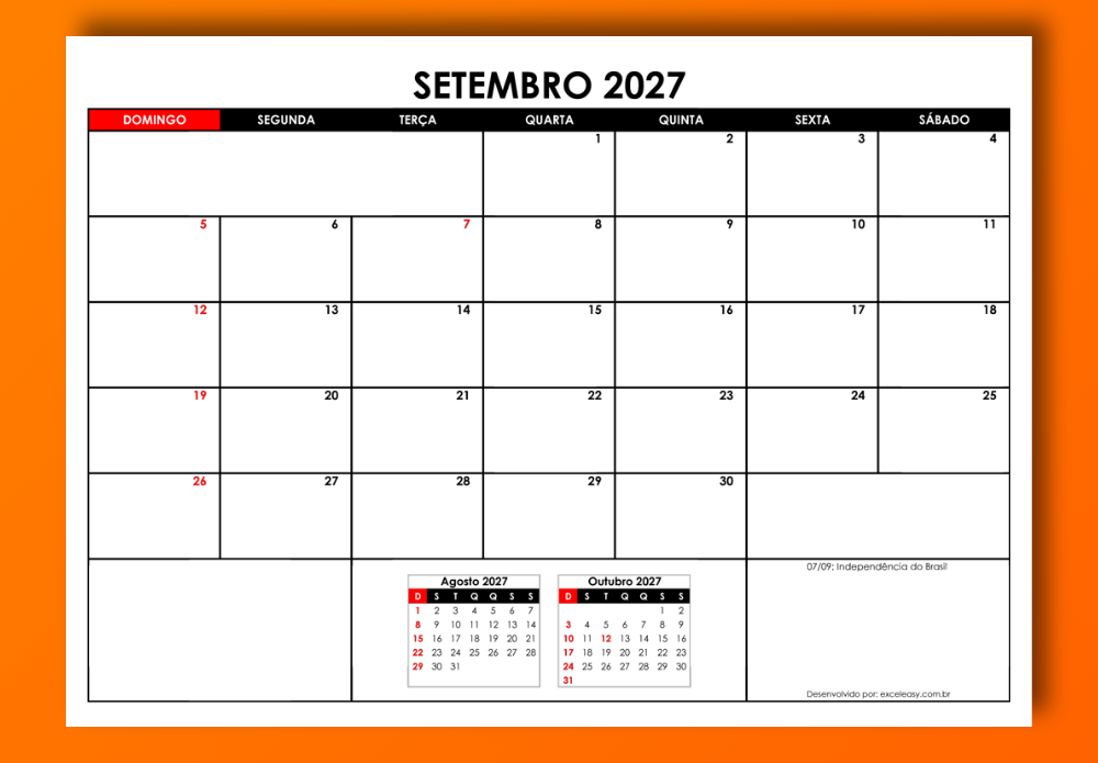Calendário do mês de Setembro 2027 para imprimir colorido Calendário do mês de Setembro 2027 colorido