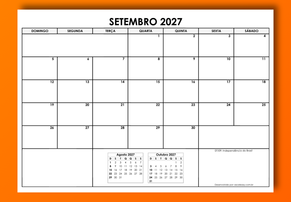 Calendário do mês de Setembro 2027 em Excel e PDF Calendário do mês de Setembro 2027 para imprimir