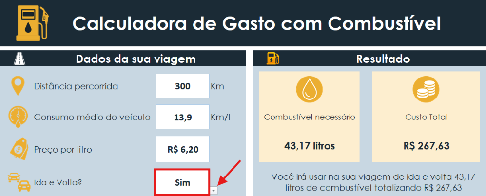Opção para calcular o gasto de combustível de ida e volta