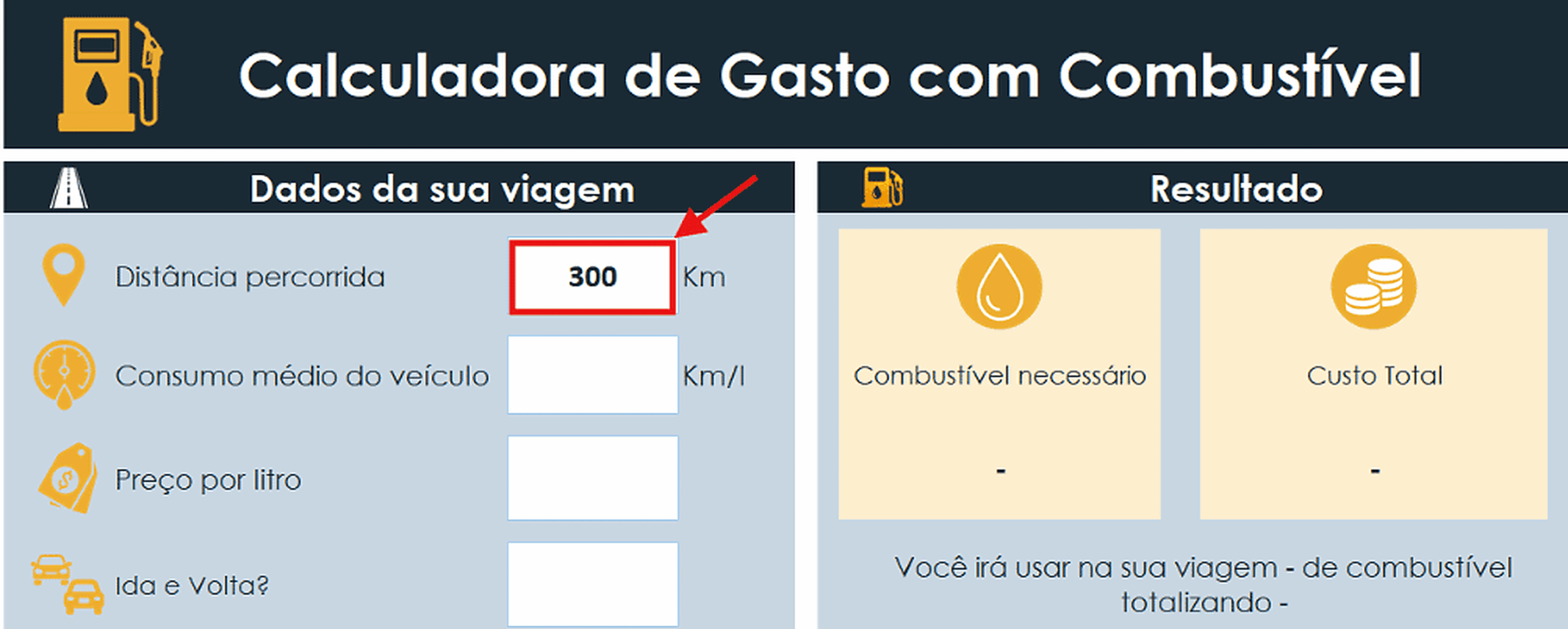 Campo para informar a distância da viagem em quilômetros