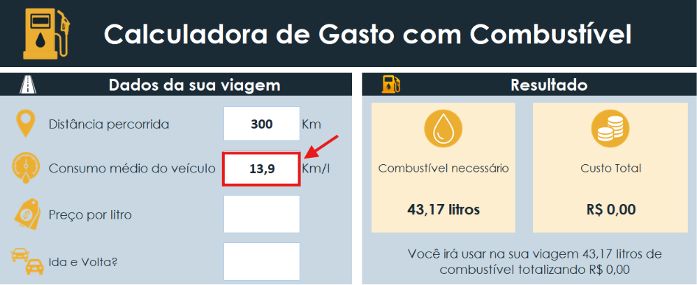 Campo de consumo médio do veículo em quilômetros por litro